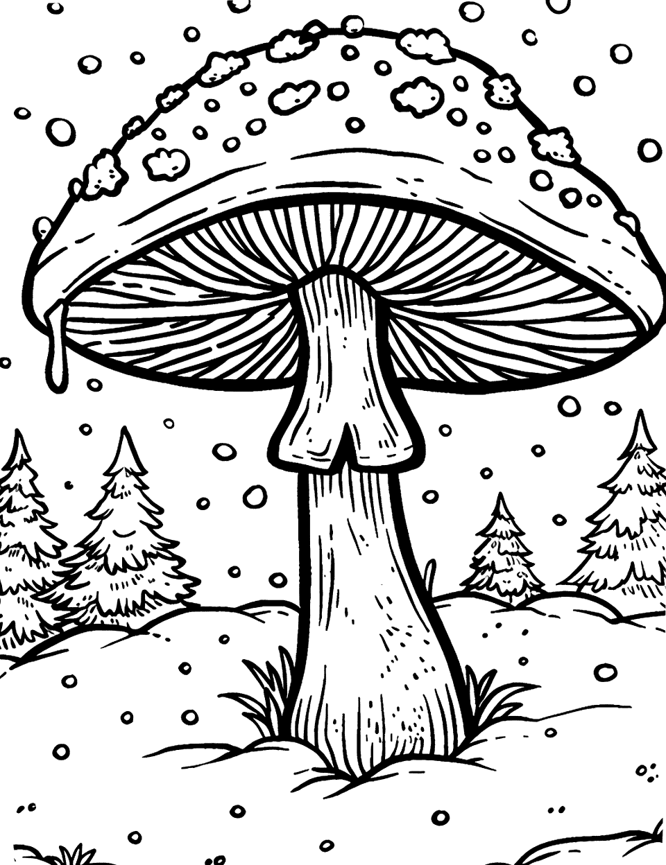 Winter Scene with Frosty Mushroom Coloring Page - A mushroom capped with frost in a chilly winter scene.