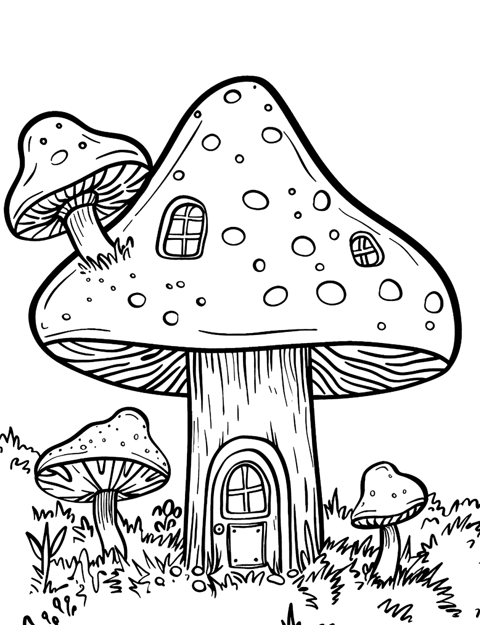 Mushroom House Coloring Page - A mushroom styled as a small house with a door and windows.