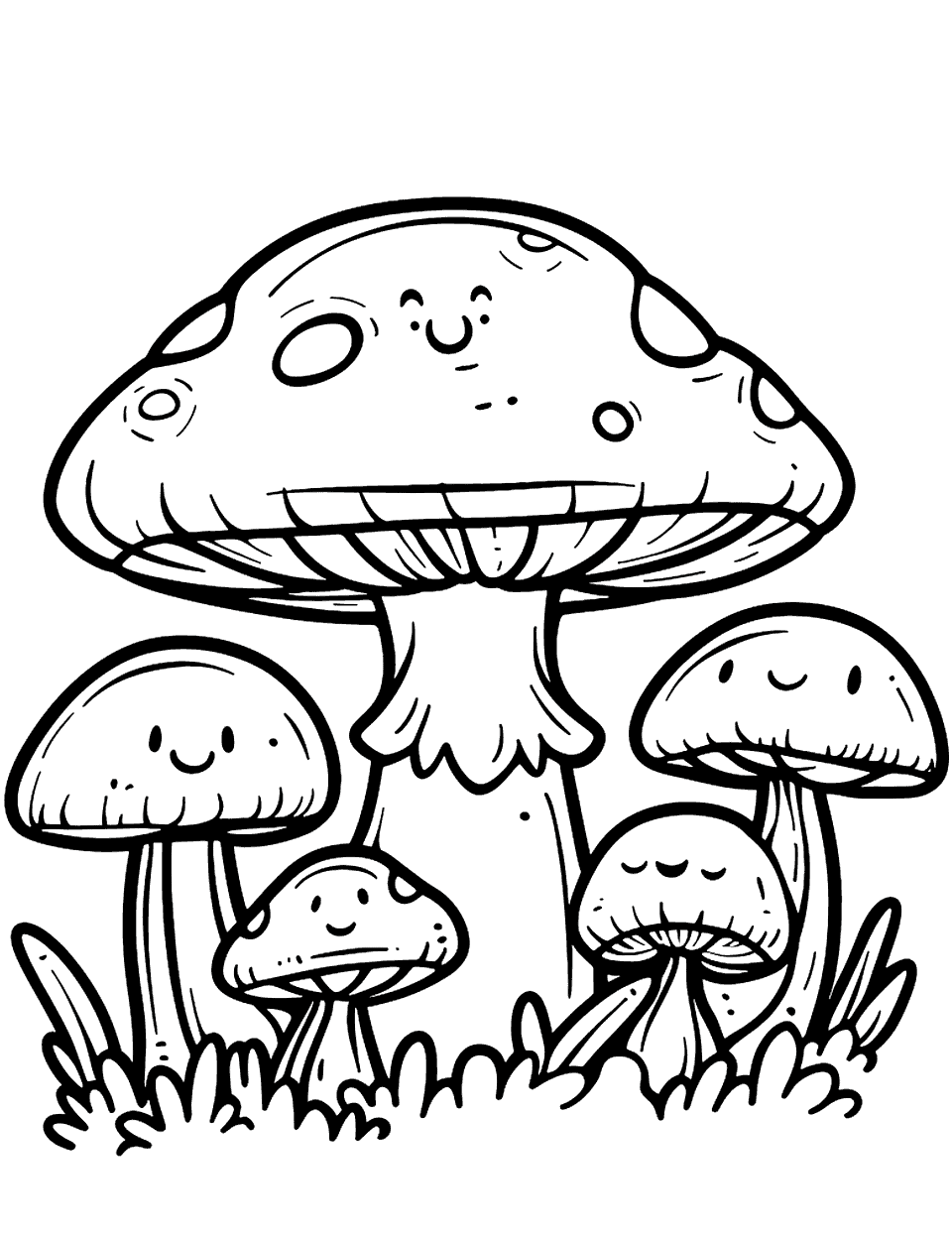 Cute Kawaii Mushroom Family Coloring Page - A group of small, smiling mushrooms with kawaii faces, close together.