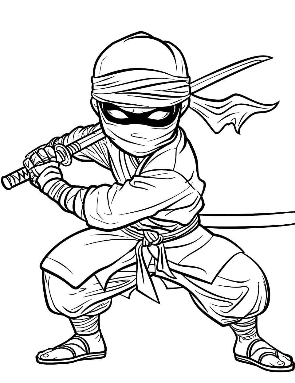 Ninja Warrior in Action Coloring Page - A ninja warrior with a katana, ready to strike in a dynamic pose.