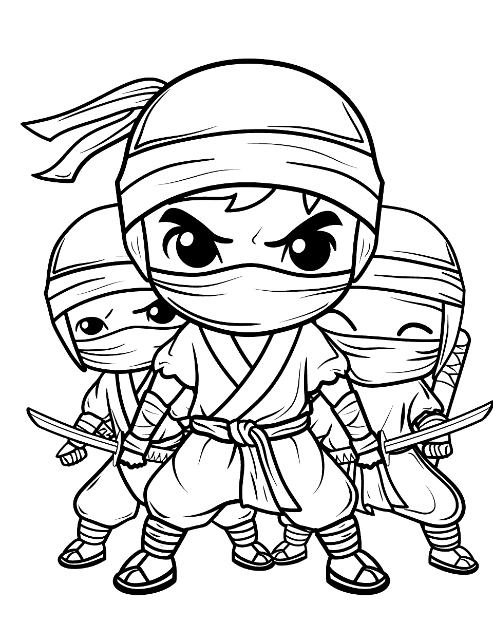 Kids as Ninja Team Coloring Page - A group of kids dressed in ninja outfits, ready for action.