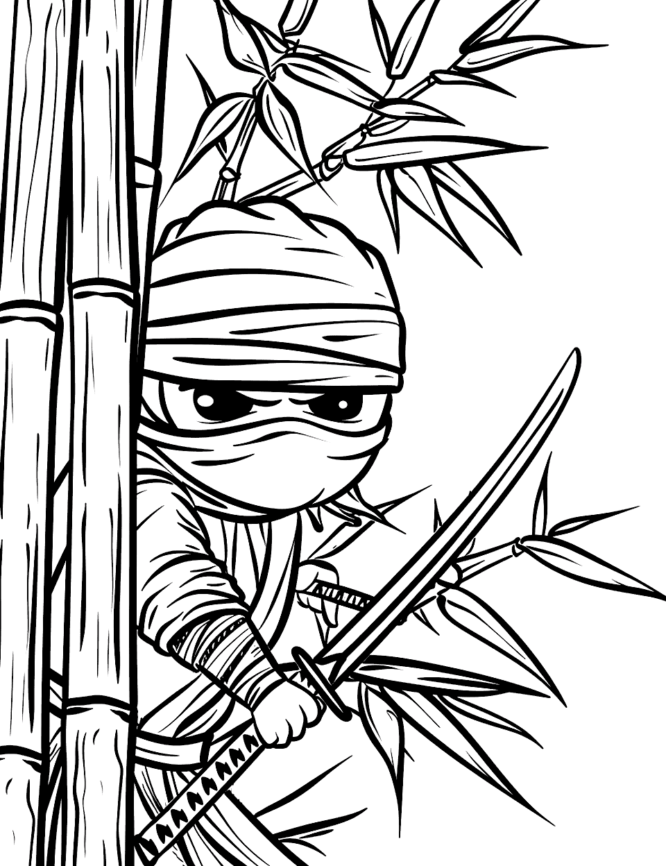 Japanese Garden Stealth Ninja Coloring Page - A ninja hiding behind a bamboo plant in a serene Japanese garden.