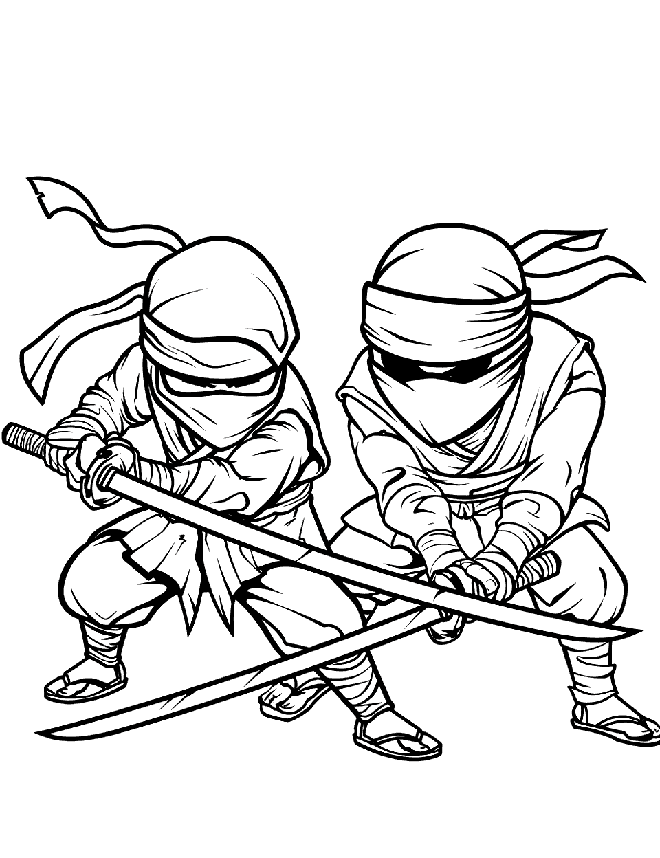 Anime Ninja Duel Coloring Page - Two anime-style ninjas facing off.