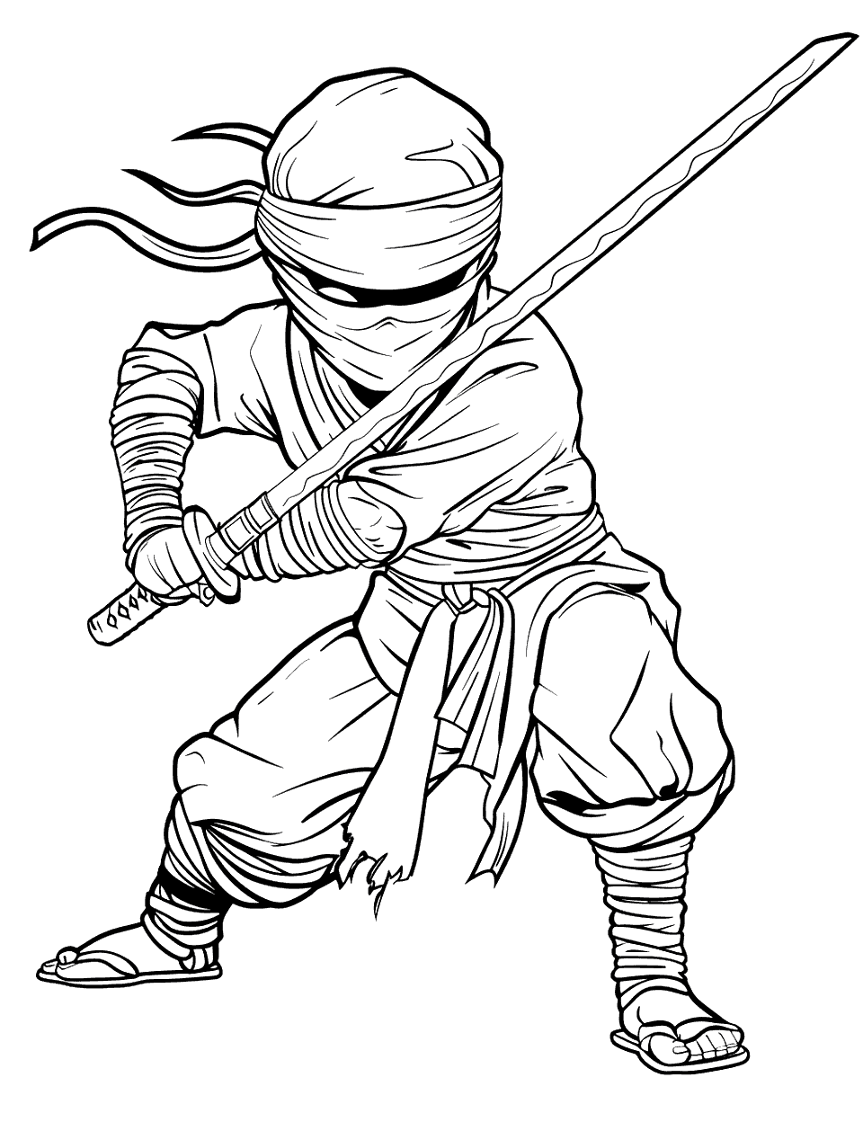Ninja with a Shining Katana Coloring Page - A ninja holding a katana that has the moonlight power in it.