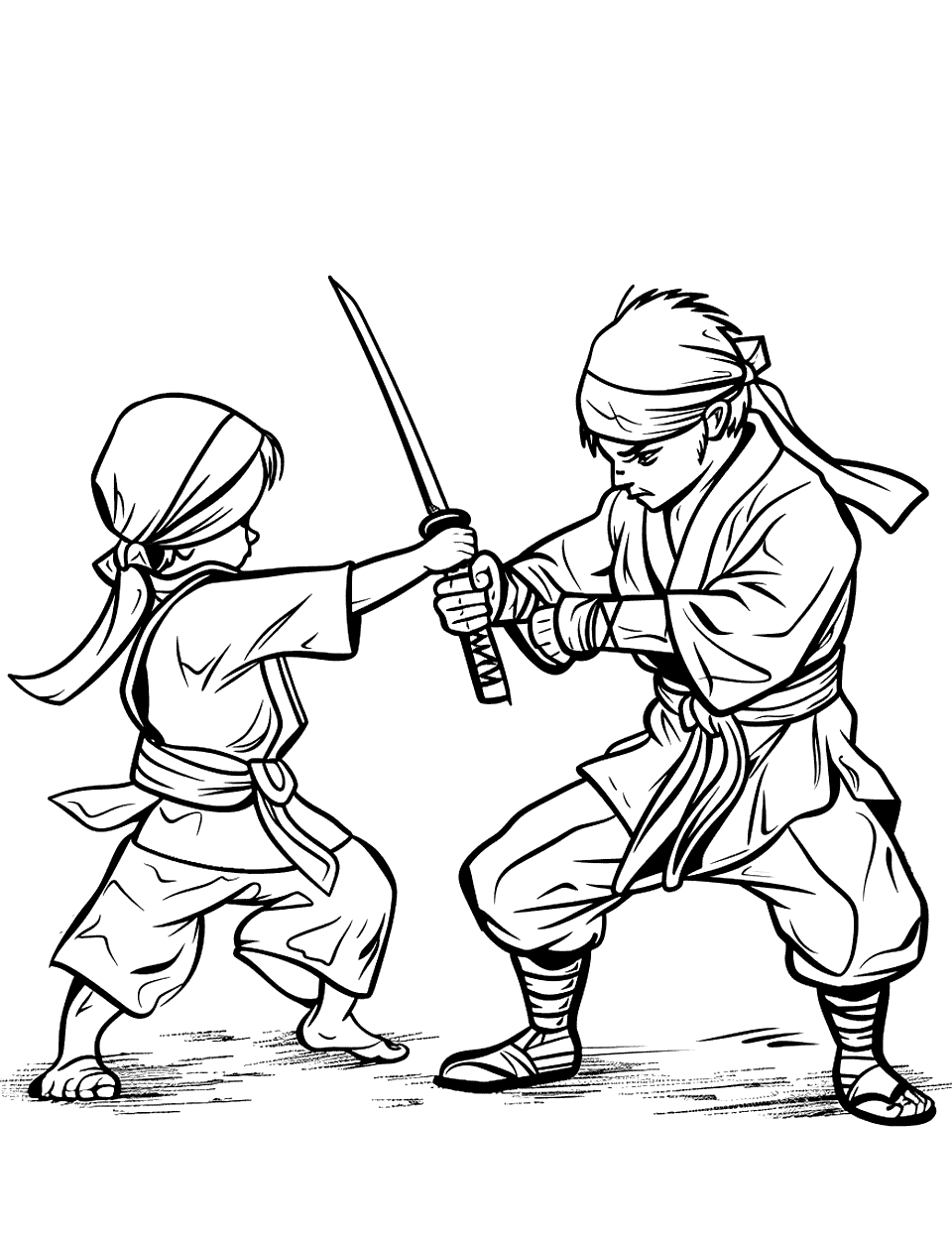 Sensei Teaching a Move Ninja Coloring Page - A sensei demonstrating a martial arts move to a young ninja.