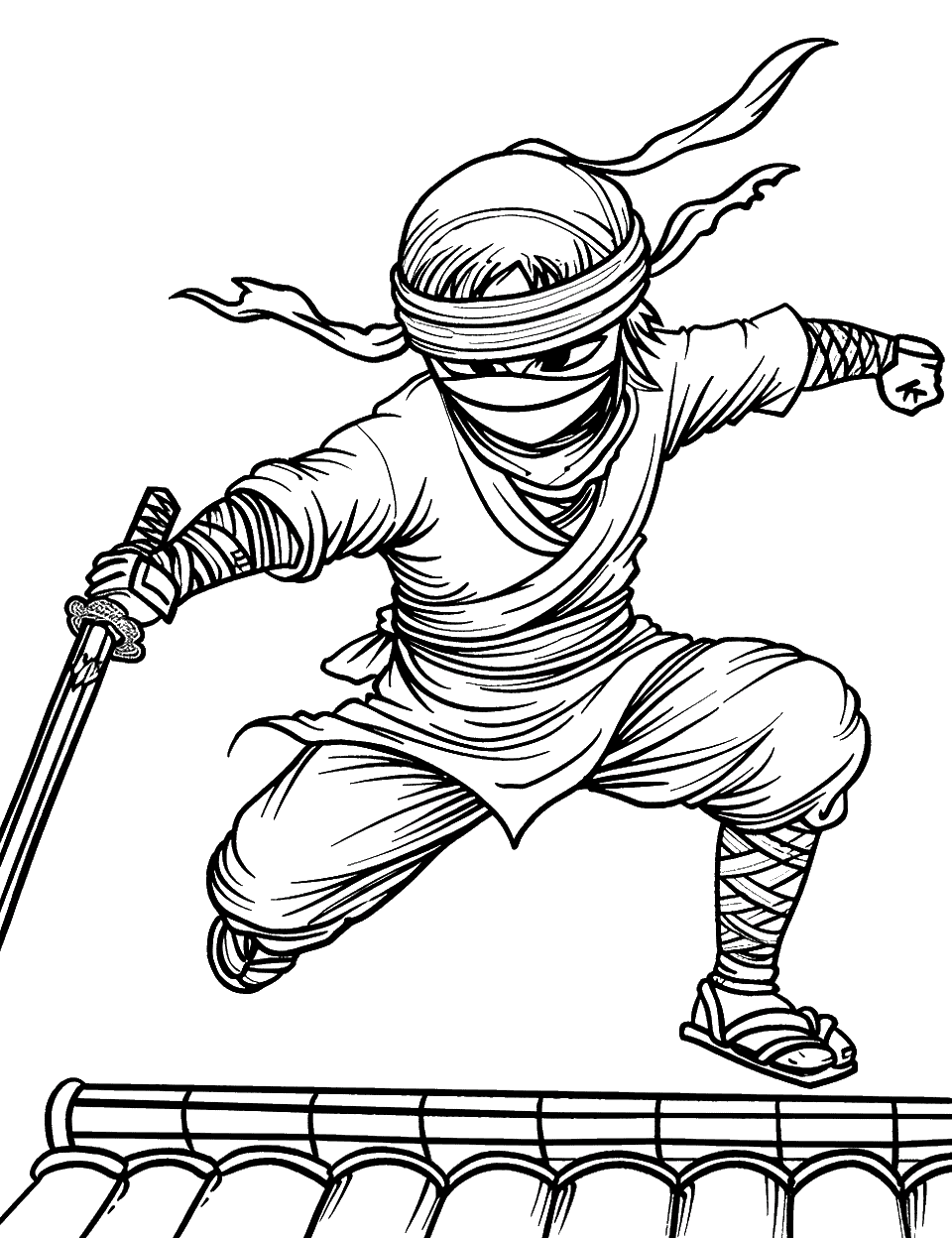 High Jump Over the Roof Ninja Coloring Page - A ninja performing a high jump over a traditional Japanese roof.