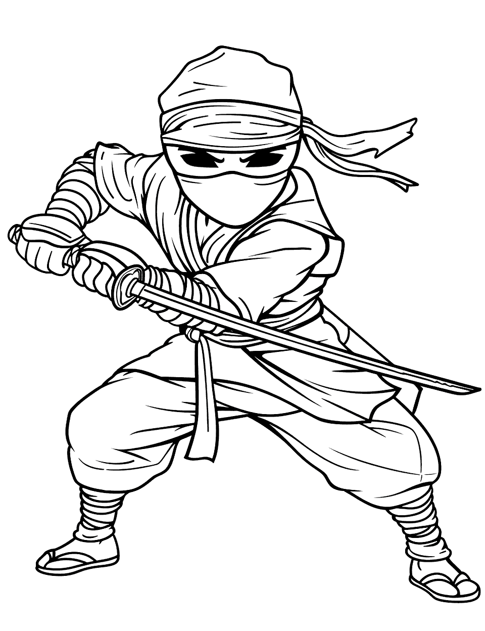 Ninja Fighting Stance Coloring Page - A ninja in a fighting stance, ready to face an unseen opponent.