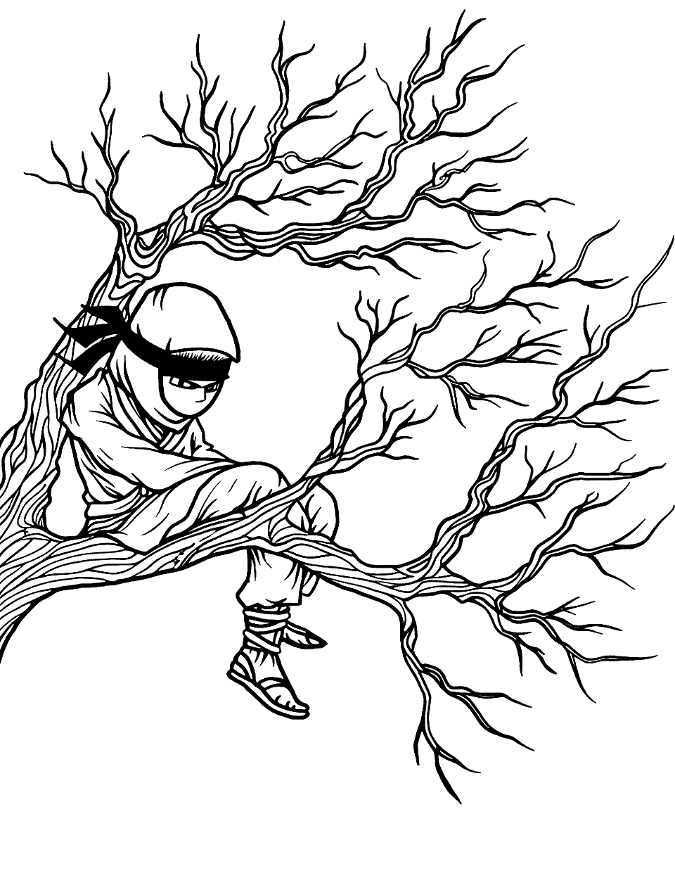 Hidden Ninja in a Tree Coloring Page - A ninja concealed within the branches of a large tree.