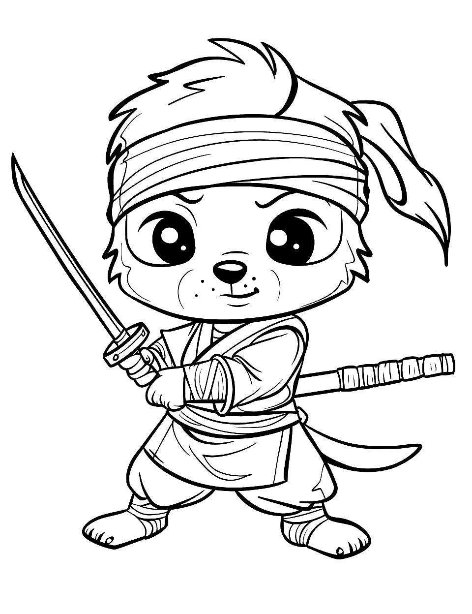 Cute Ninja Puppy Coloring Page - A puppy dressed in a ninja costume, holding a tiny katana.