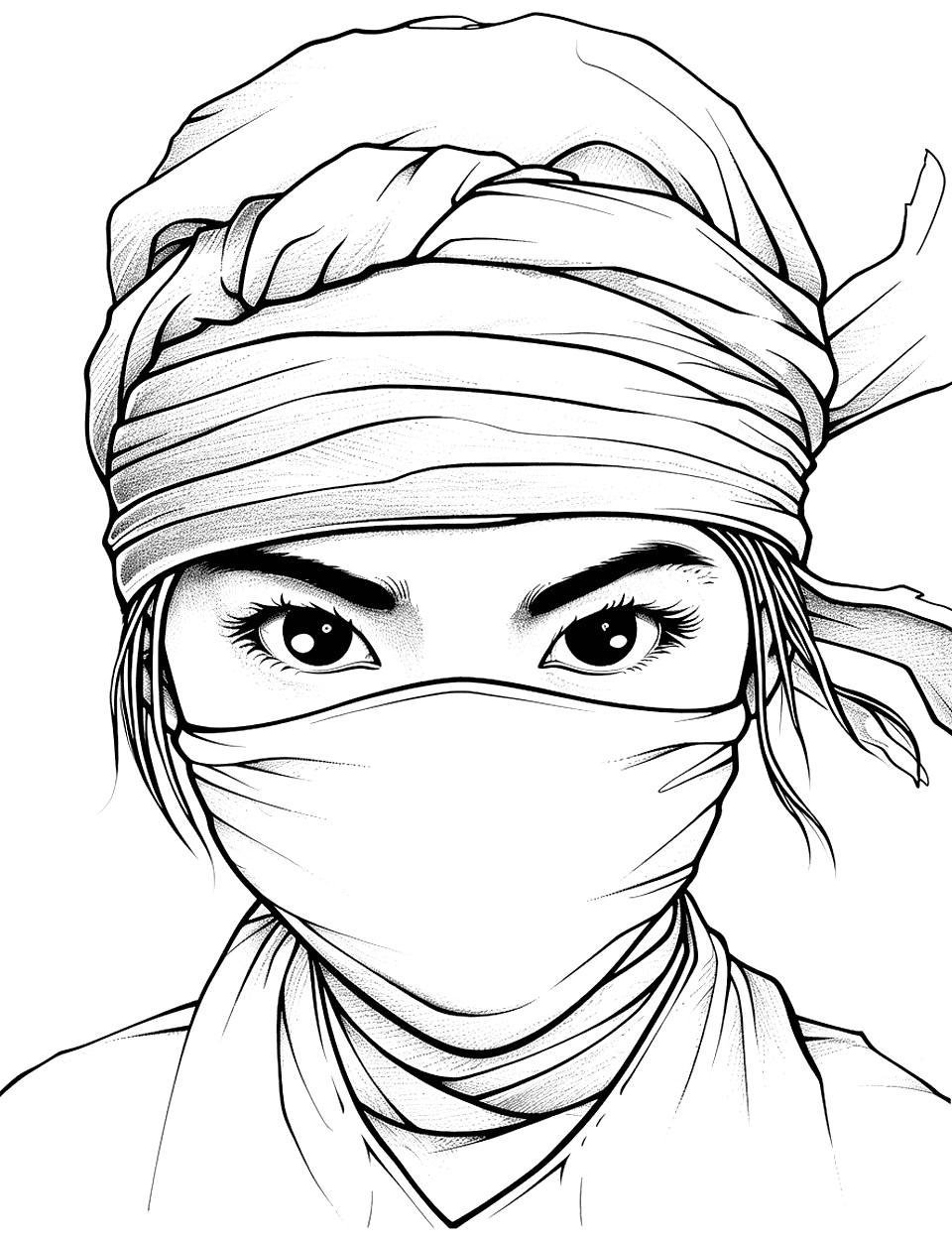 Realistic Ninja Gaze Coloring Page - A realistic depiction of a ninja’s intense gaze, focusing on the mission.