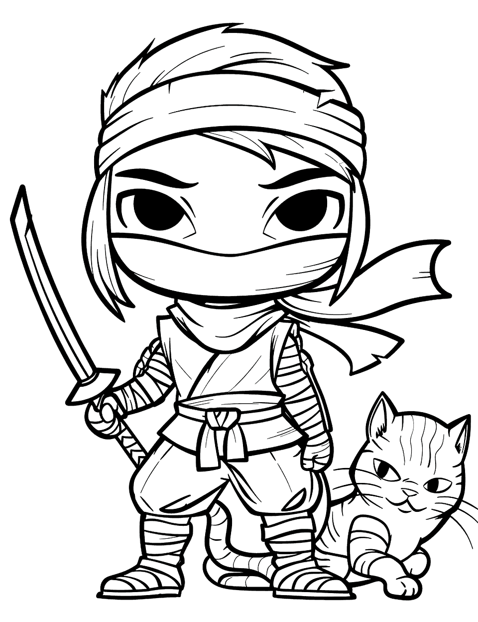 Girl Ninja and Her Pet Cat Coloring Page - A girl ninja with her loyal pet cat.