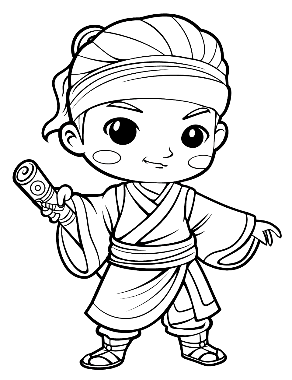 Chibi Sensei Wisdom Ninja Coloring Page - A cute, chibi-style sensei sharing wisdom, with a scroll in hand.