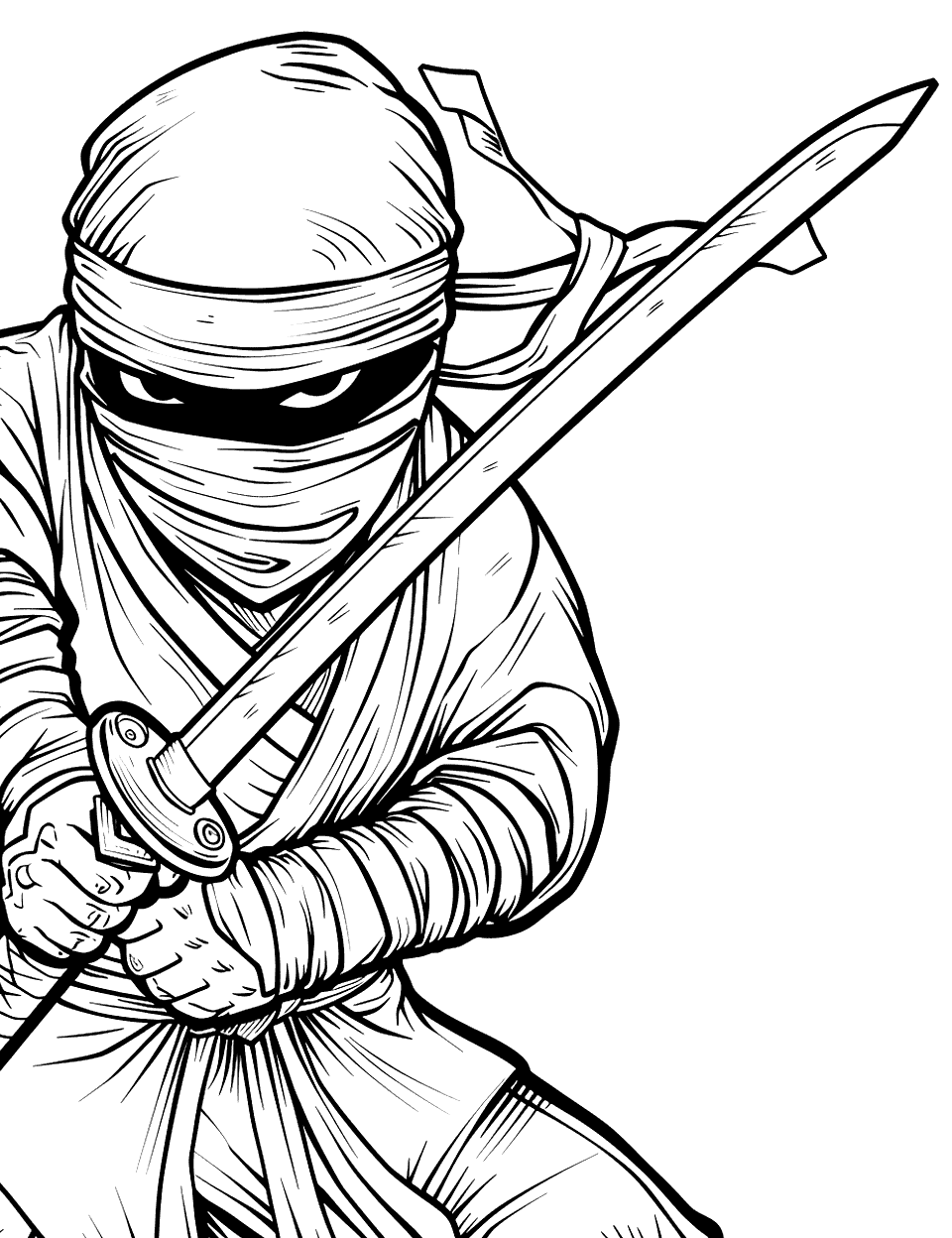 Katana Blade Close-Up Ninja Coloring Page - A close-up of a ninja holding a katana.