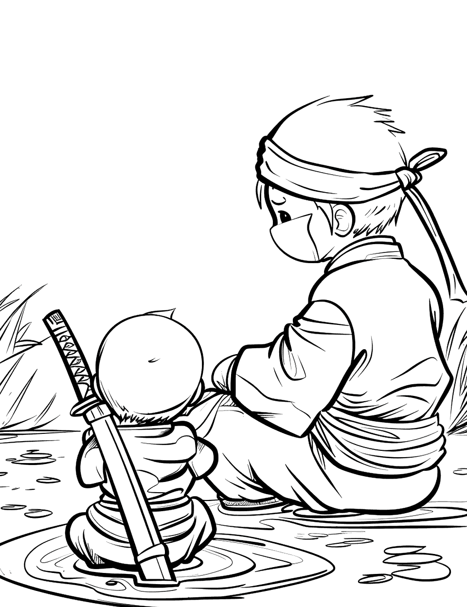 Sensei's Lesson on Patience Ninja Coloring Page - A sensei teaching a young ninja the importance of patience, sitting by a calm pond.