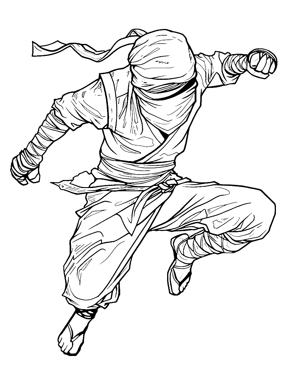 Acrobatic Ninja Flip Coloring Page - A ninja performing an acrobatic flip, showcasing agility and skill.