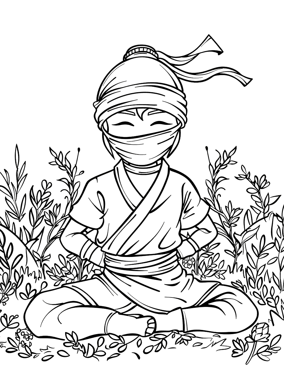 Green Ninja's Meditation Ninja Coloring Page - The Green Ninja meditates in a peaceful garden, finding inner peace.
