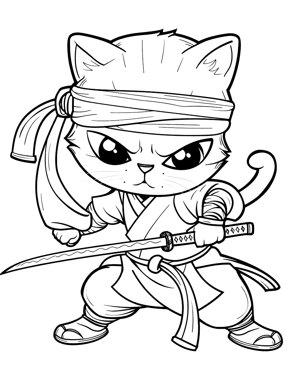 Cute Ninja Kitten Coloring Page - A kitten dressed as a ninja with a tiny katana.