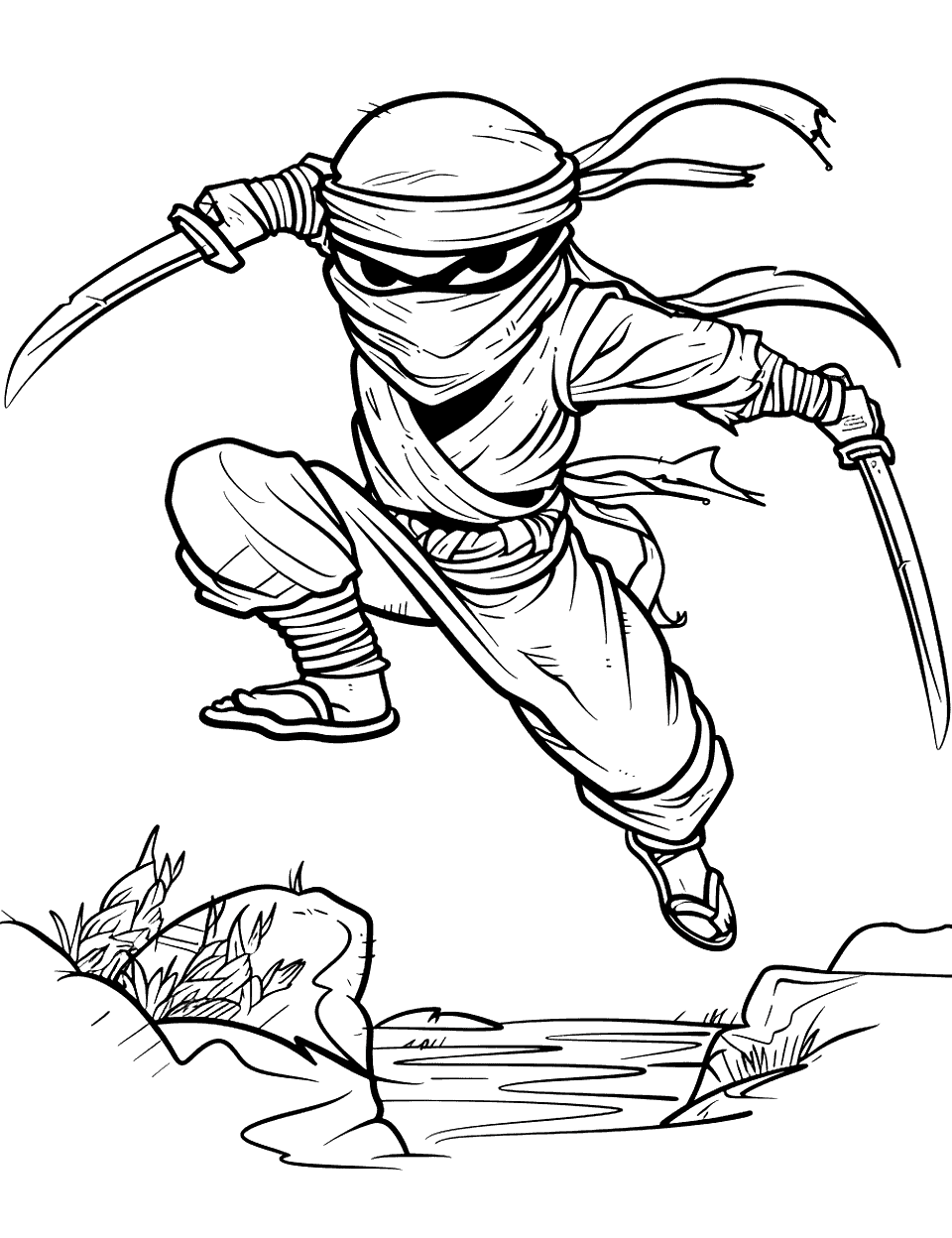 Ninja Warrior Leap Coloring Page - A ninja in mid-jump over a small stream.