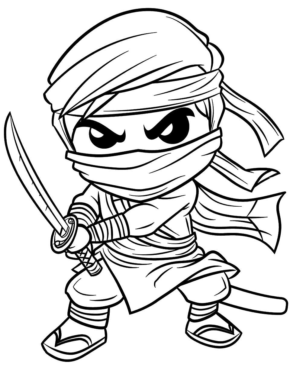 Ninjago Hero Ninja Coloring Page - A character from Ninjago, posed heroically with a weapon in hand.