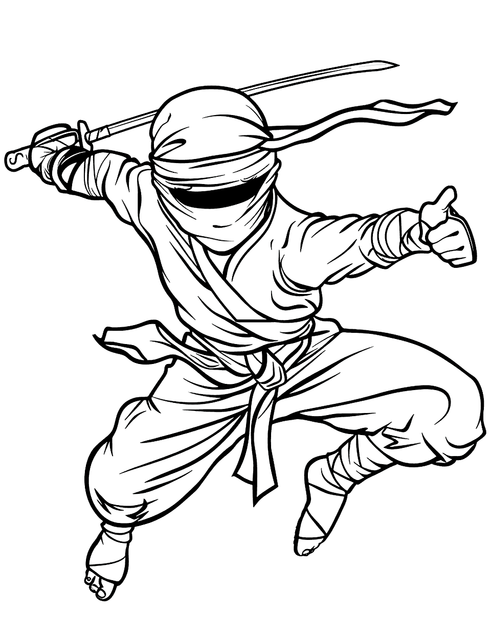Ninja Leap Coloring Page - Ninja in mid-air, performing an acrobatic leap.
