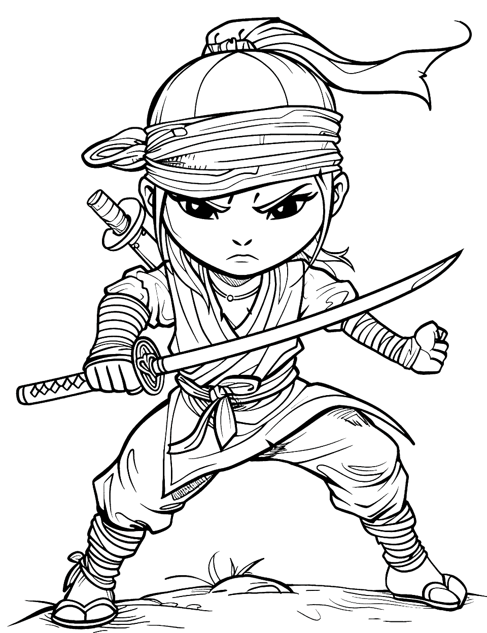 Girl Ninja Coloring Page - A girl ninja in a defensive posture.