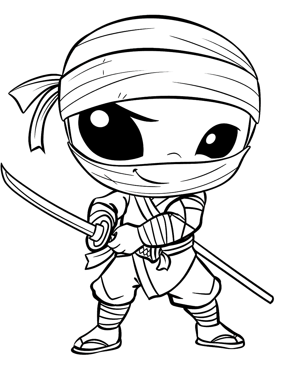 Chibi Ninja Smile Coloring Page - A cute, chibi-style ninja with a big smile, holding a small katana.