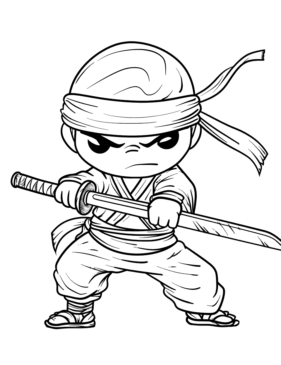 Boy Ninja Training Coloring Page - A young boy dressed as a ninja, practicing with a wooden sword.