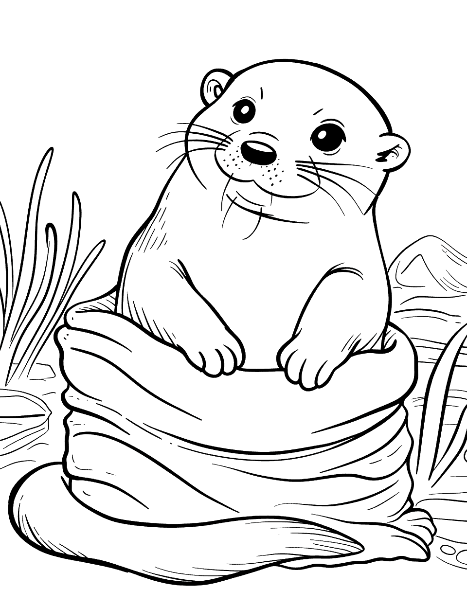 Baby Otter Cuddling Coloring Page - A baby otter wrapped in a soft blanket, looking cozy and warm.