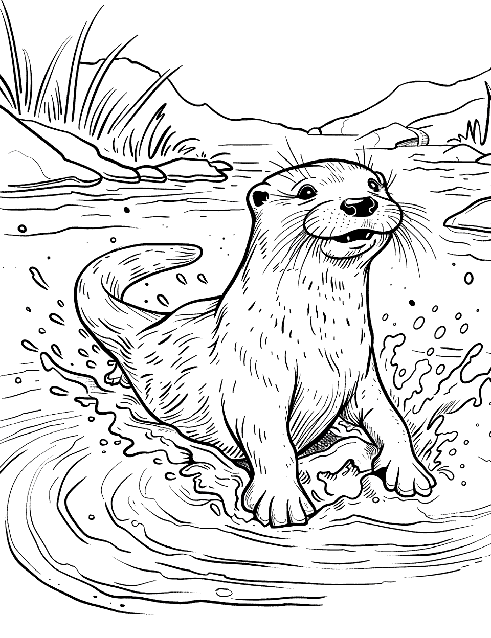 Otter Playing in Mud Coloring Page - A playful otter sliding in mud near a river, with mud splatters around.
