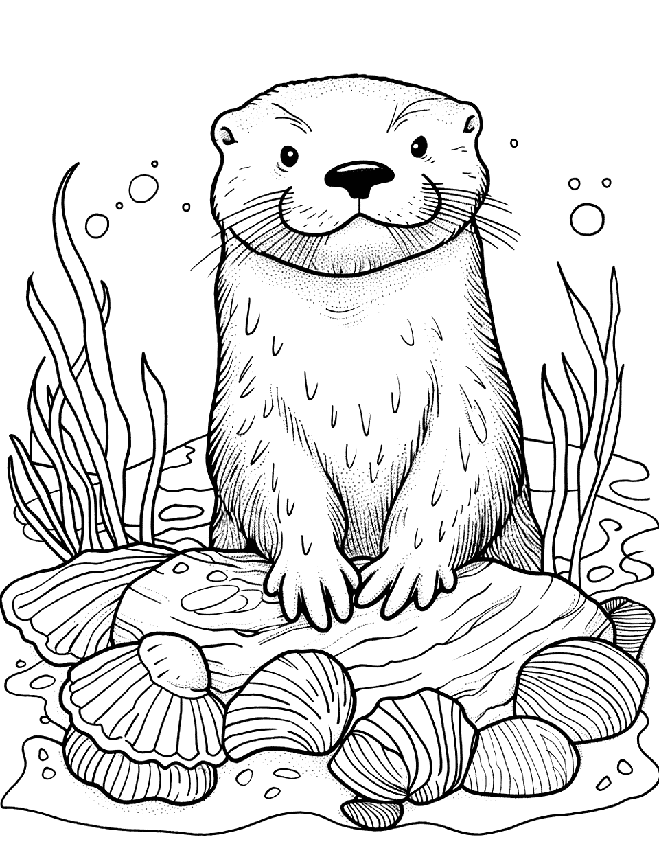 Sea Otter with Seashells Coloring Page - A sea otter surrounded by various seashells on the ocean floor.