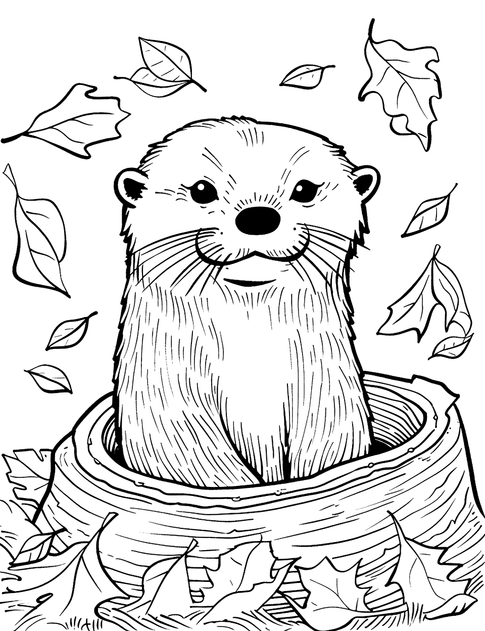 Otter in a Hollow Log Coloring Page - An otter peeking from a hollow log, surrounded by fallen leaves.