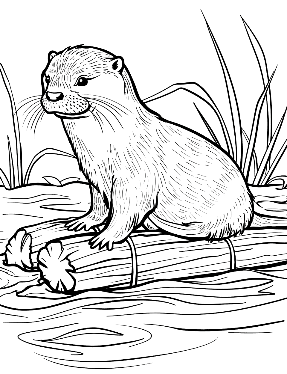 Otter on a Raft Coloring Page - An otter floating down a river on a makeshift raft made of twigs.