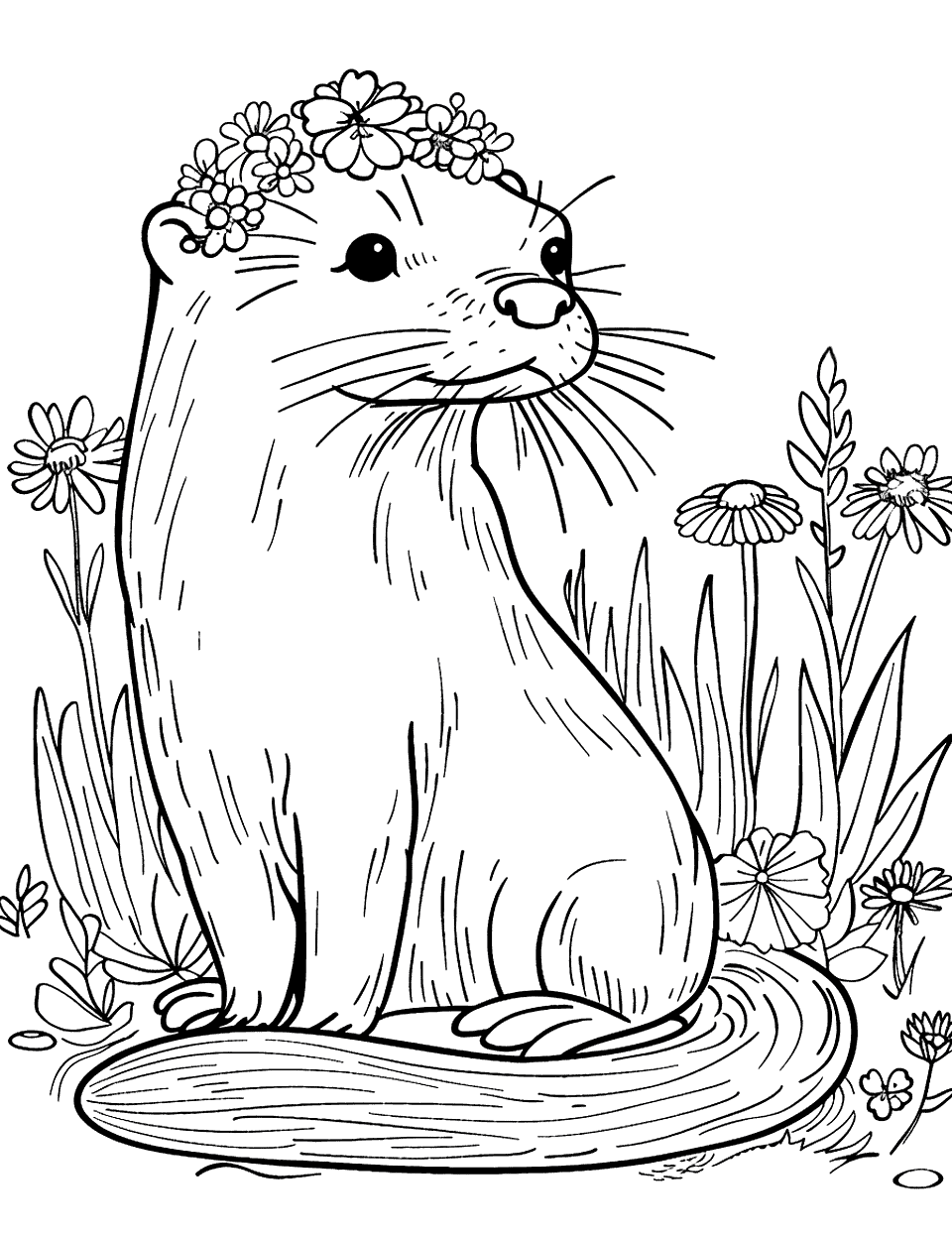 Otter with a Flower Crown Coloring Page - A cute otter wearing a crown made of wildflowers.