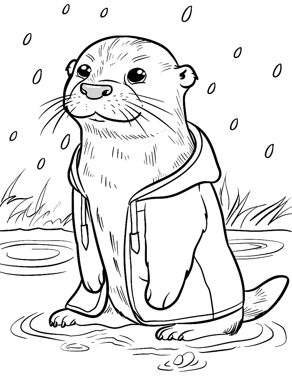 Otter in a Raincoat Coloring Page - An otter wearing a raincoat, splashing in puddles during a rain.