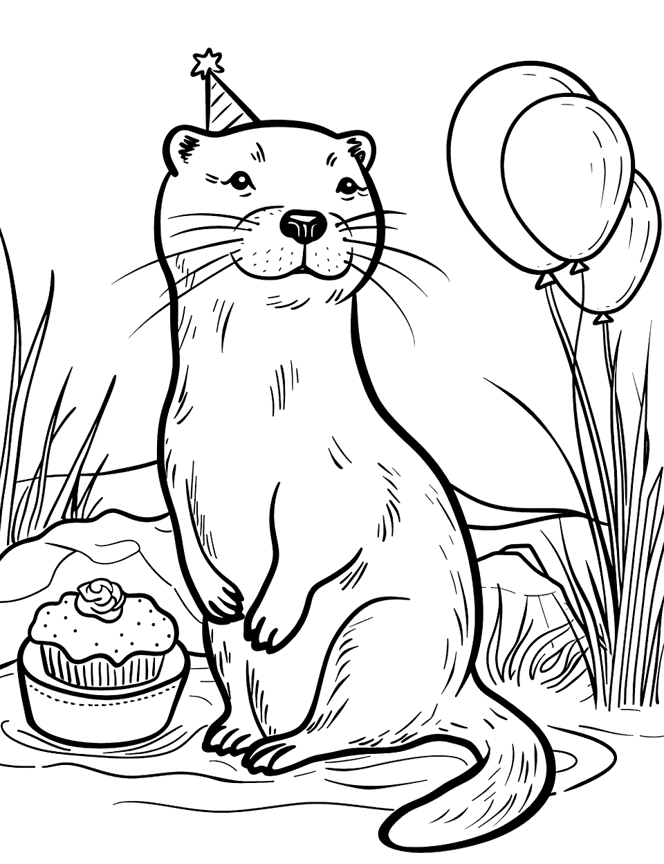 Otter Celebrating Birthday Coloring Page - A festive otter with a party hat, surrounded by balloons and a small cake.