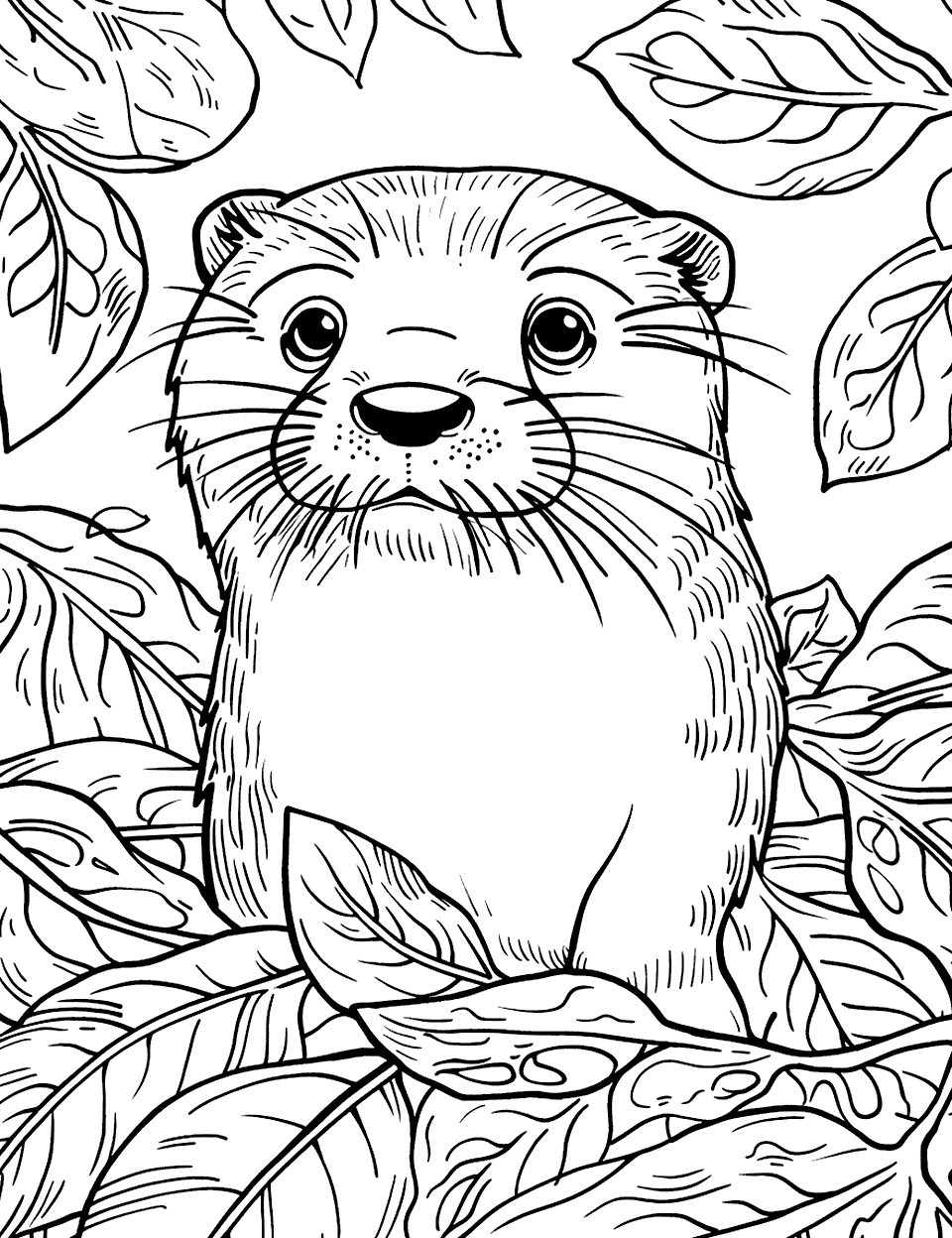 Otter Hiding in Autumn Leaves Coloring Page - An otter camouflaged among fallen leaves, with its eyes peeking out.