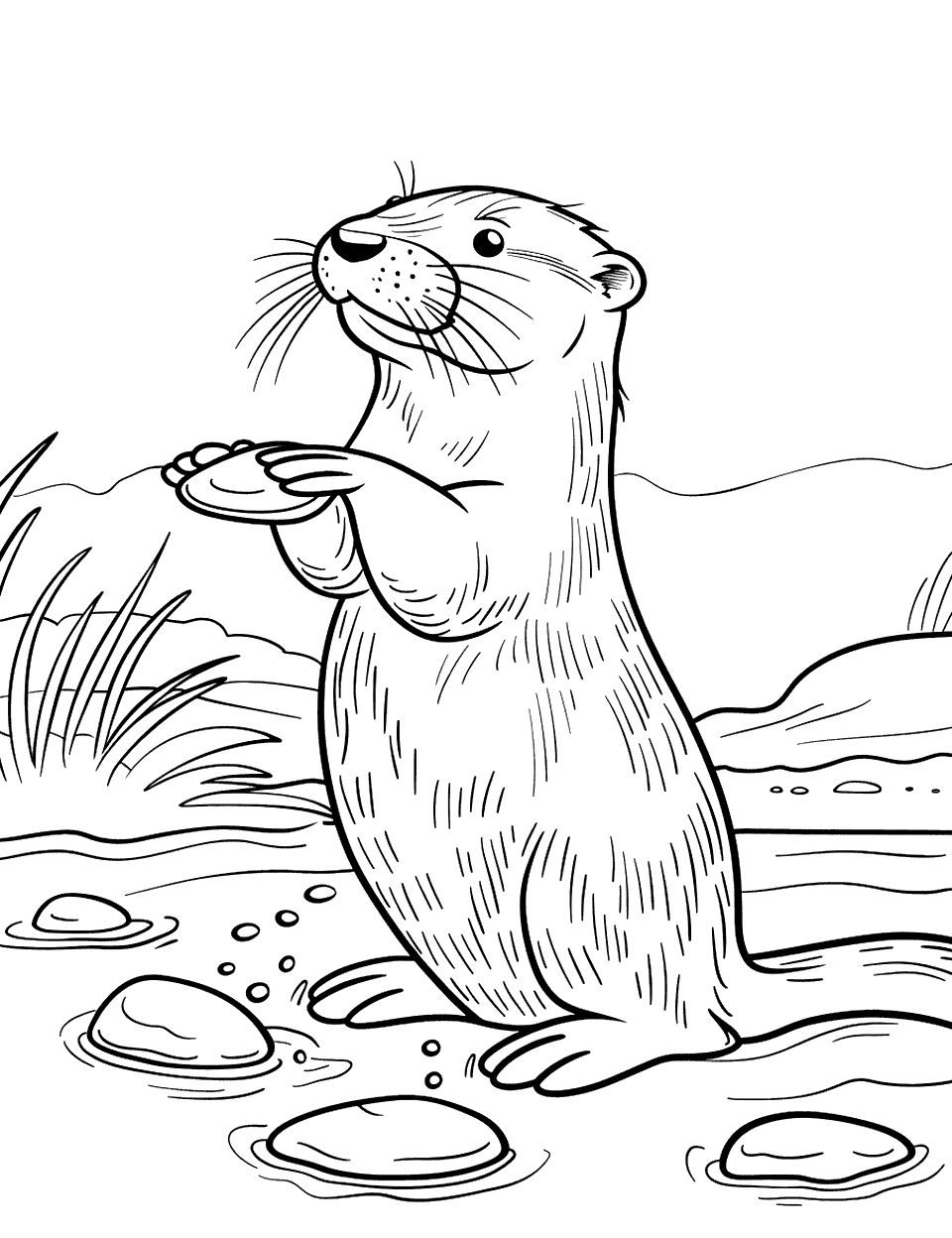 Otter and Stones Coloring Page - A playful otter checking out smooth river stones by the water’s edge.