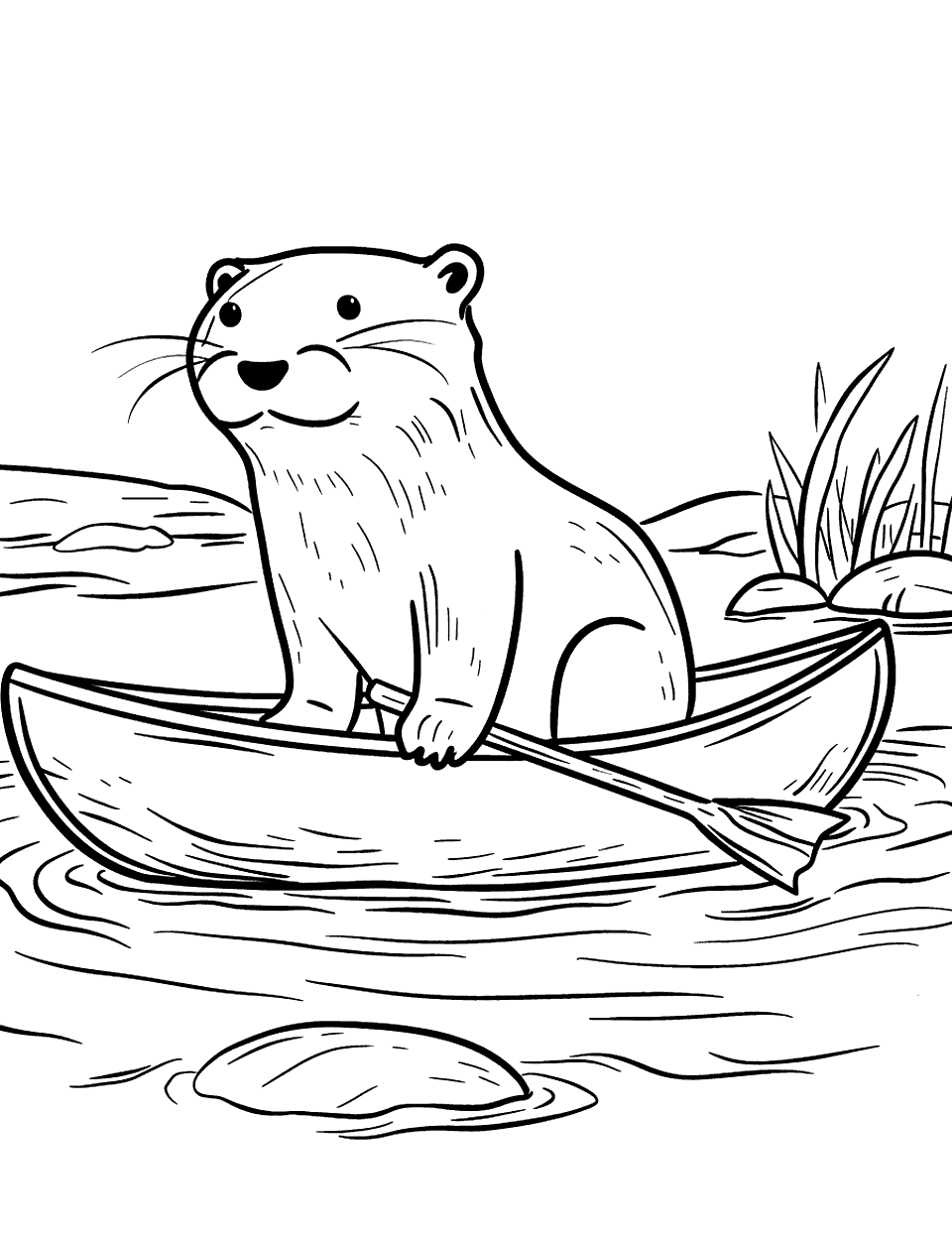 Otter in a Canoe Coloring Page - An otter sitting in a small canoe, paddling gently down a calm river.