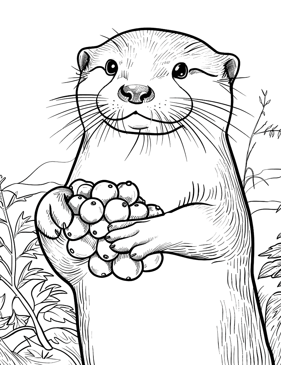 Otter with a Bunch of Berries Coloring Page - An otter holding a cluster of juicy berries, ready to snack.