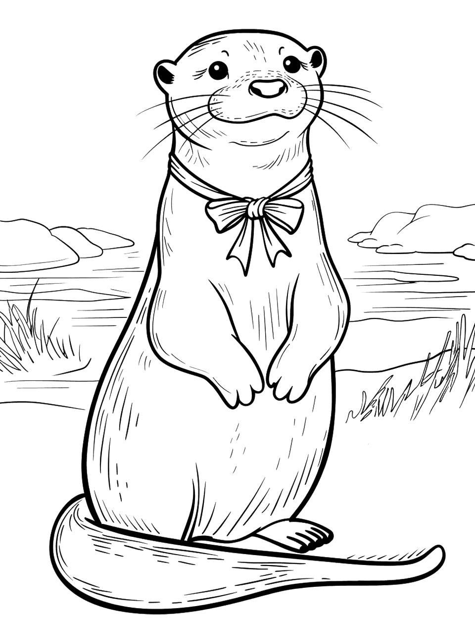 Otter Wearing a Bow Tie Coloring Page - A charming otter dressed in a bow tie, standing upright.