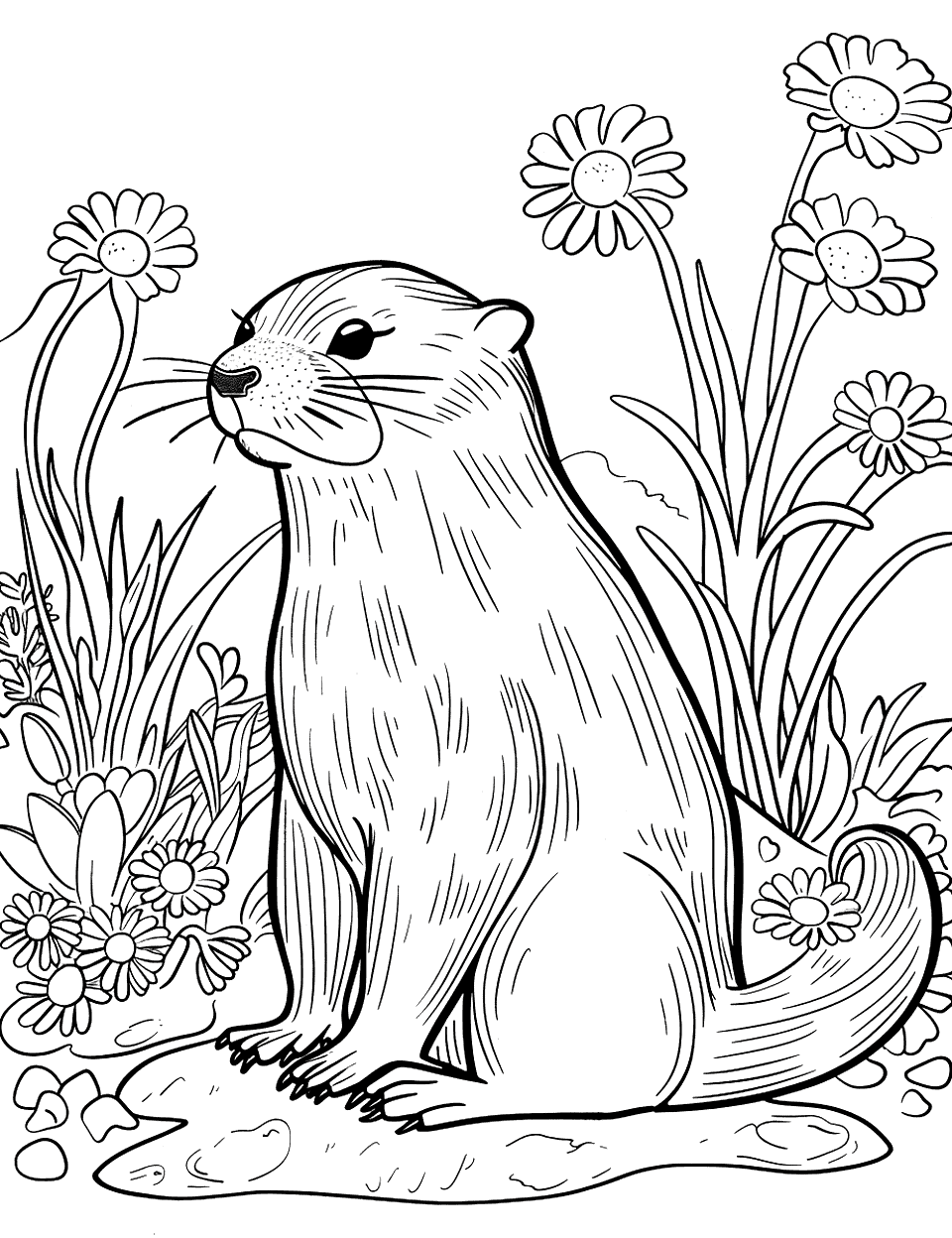 Otter in a Flower Garden Coloring Page - An otter wandering through a vibrant garden full of flowers.