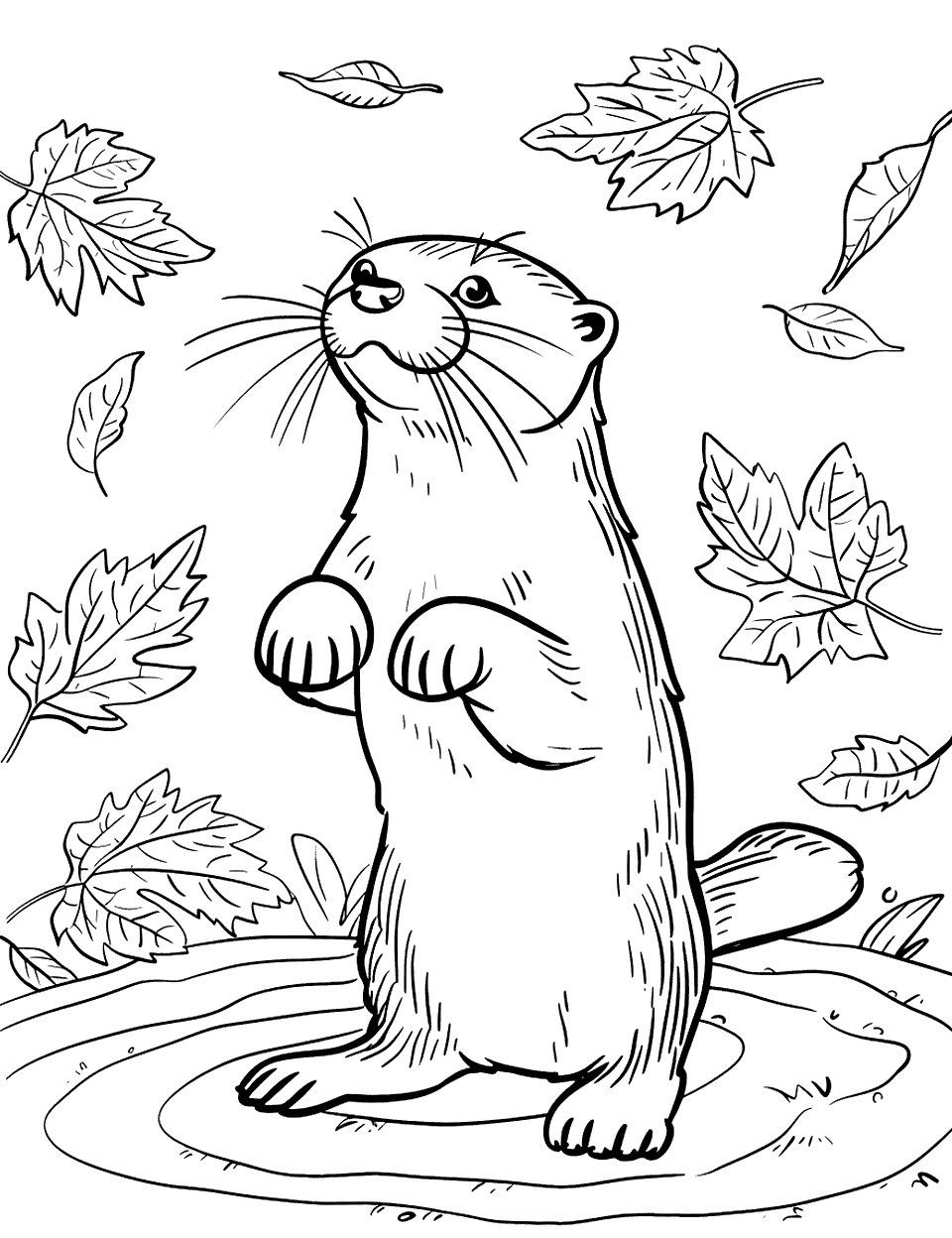 Otter Playing with Autumn Leaves Coloring Page - An otter playing with crisp autumn leaves.
