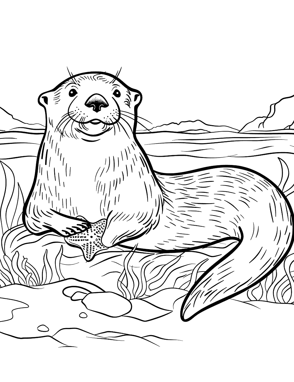 Sea Otter Holding a Starfish Coloring Page - Here a sea otter lies stretched out with a starfish held against its chest and a thick tail curling behind it. Strands of seaweed and a few pebbles sit underneath, and hills run along the far edge of the water. The starfish is the natural spot for a bright color, so let orange or pink stand out against all that brown. The fur is drawn in fine strokes, which older kids and adults will get the most out of.