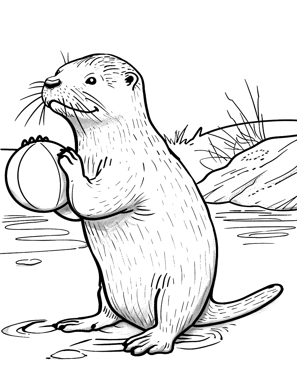 Otter Playing with a Ball Coloring Page - An otter on the shore, playing with a beach ball.
