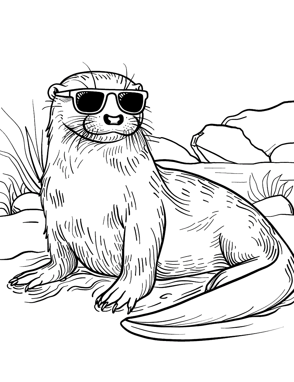 Otter with Sunglasses Coloring Page - A cool otter wearing sunglasses, lounging on a sunny beach.