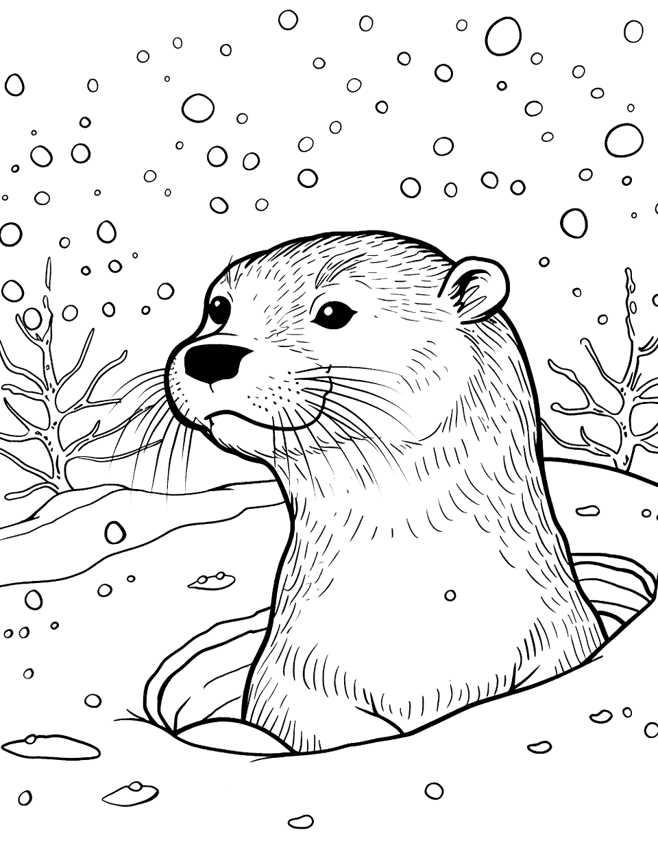 Winter Otter in the Snow Coloring Page - An otter peeking out of a snowy burrow, with snowflakes falling around it.