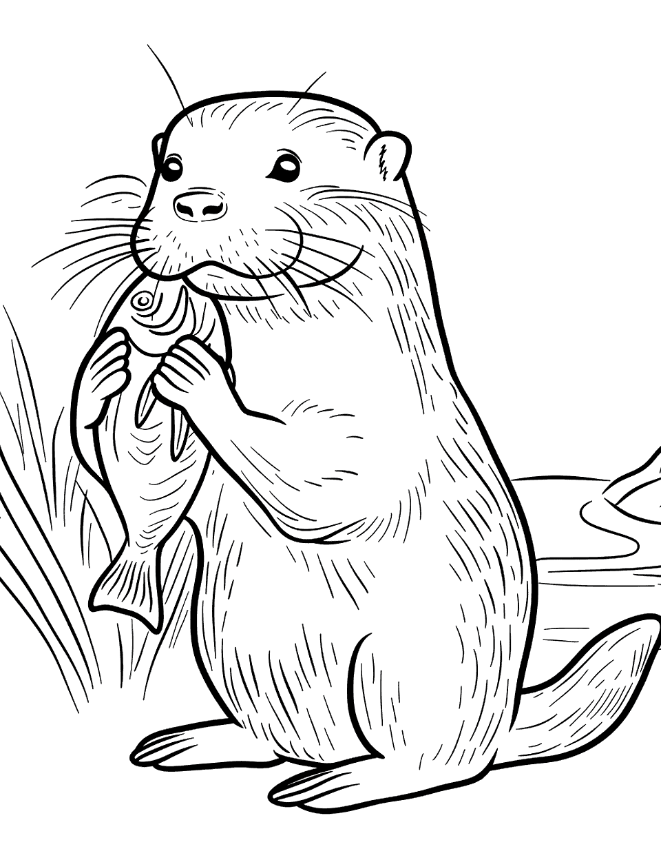 Otter Eating a Fish Coloring Page - An otter holding a fish in its paws, ready to take a bite.