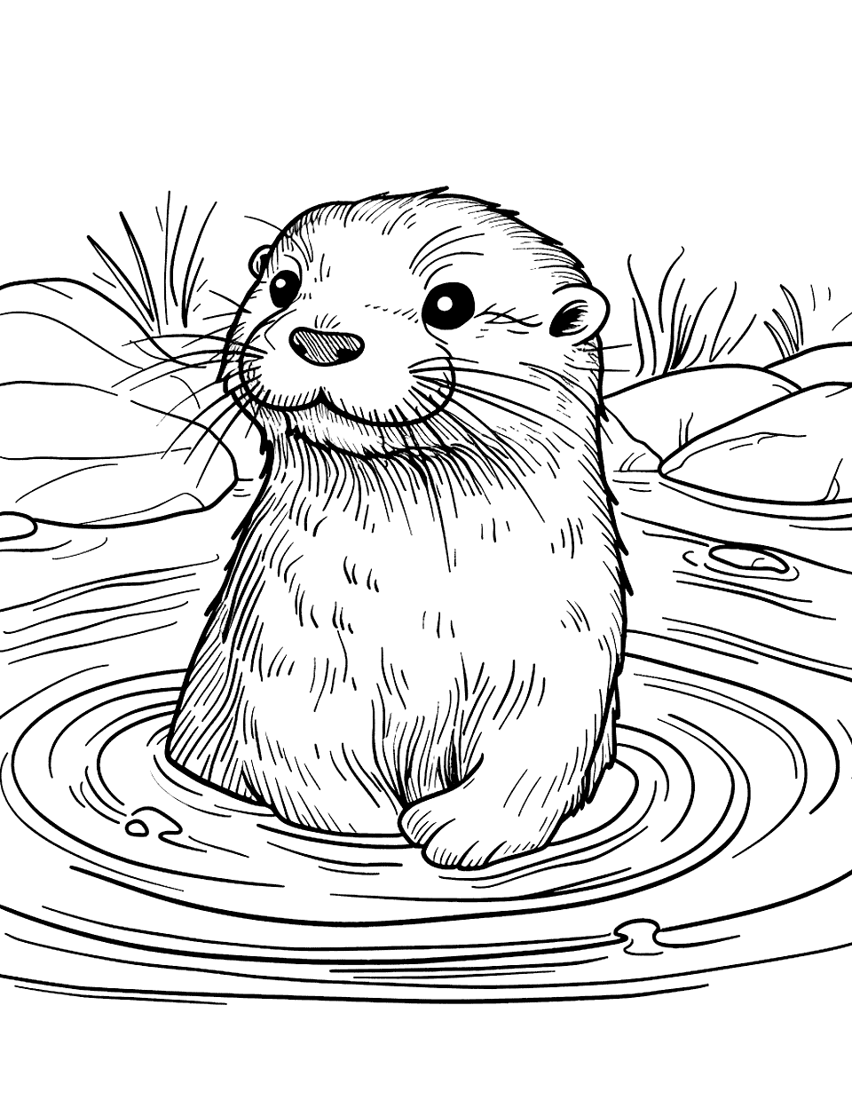 Baby Otter Learning to Swim Coloring Page - A baby otter in the water, with tiny ripples around as it learns to swim.