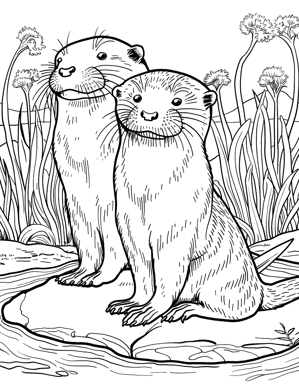 Otter Family at Sunset Coloring Page - A family of otters sitting on a riverbank, watching the sunset.