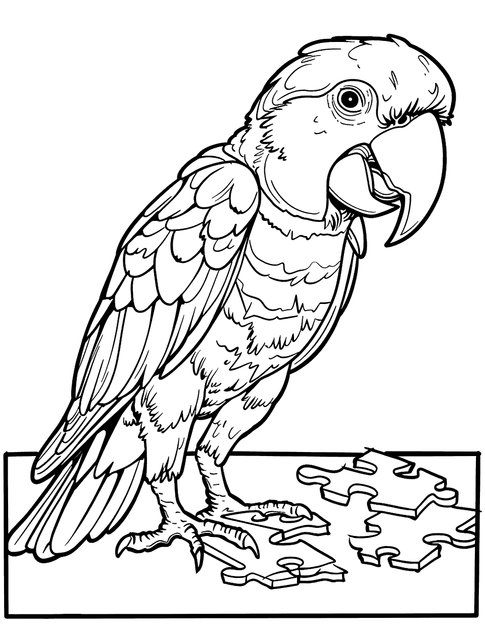 Parrot and a Simple Puzzle Coloring Page - A parrot interacting with pieces of a simple puzzle, showing curiosity.